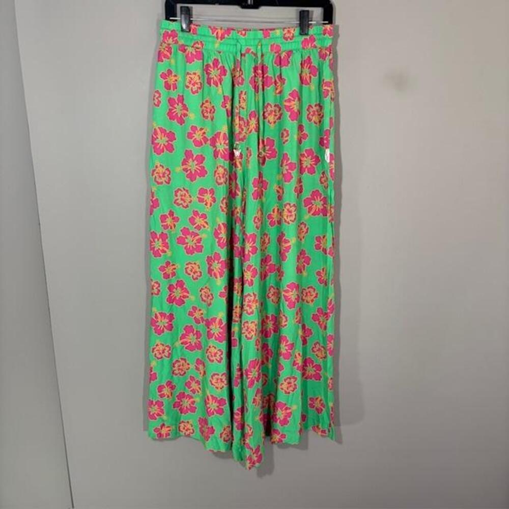 Kulani Kinis Pants Womens M Green Floral Rayon Harem Boho Wide Leg Elastic Waist